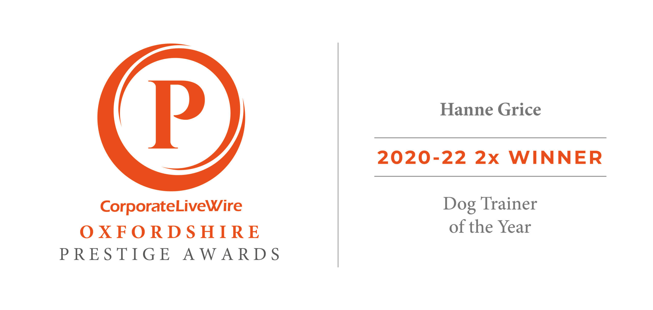 CorporateLiveWire Oxfordshire Prestige Award - Dog Trainer of the Year 2020-22 two-times winner